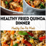 Colorful bowl of Chicken & Veggie Fried Quinoa with bright vegetables and tender chicken pieces.